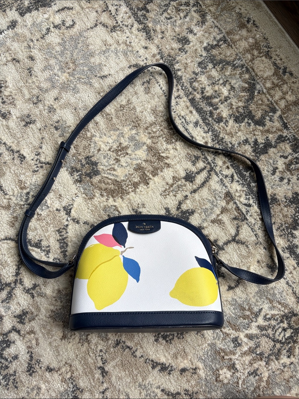 kate spade White Lemon Print Crossbody with Navy Trim